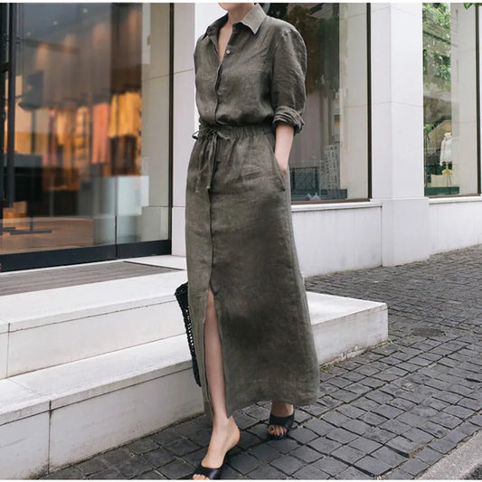 Vestido Longo de Algodão e Linho