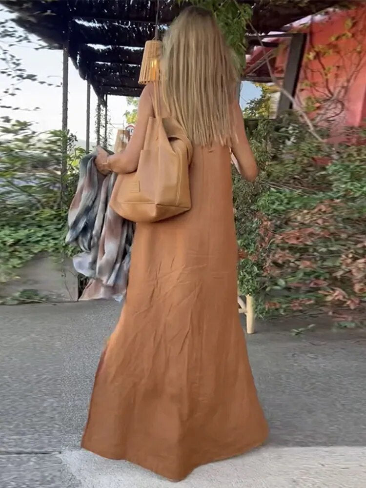 Vestido Feminino de Linho com Fenda Lateral