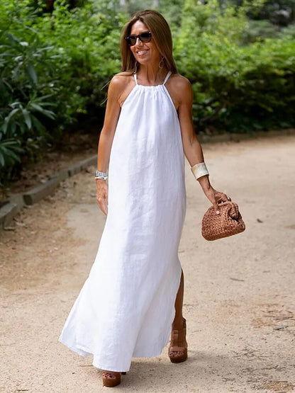 Vestido Feminino de Linho com Fenda Lateral