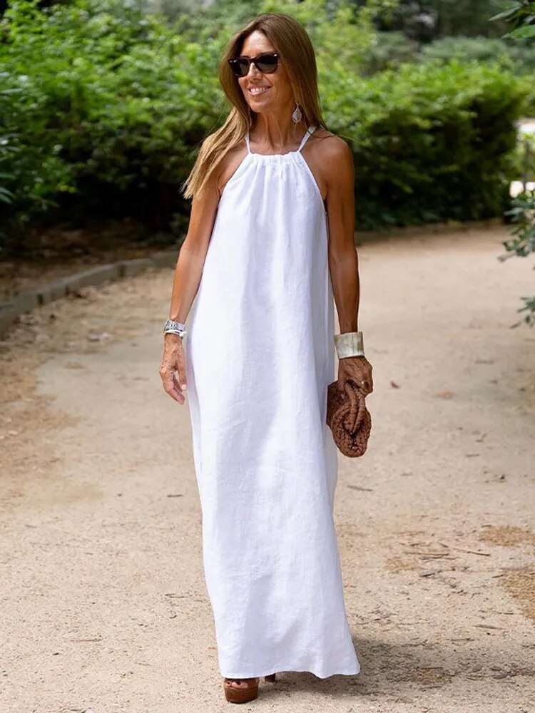 Vestido Feminino de Linho com Fenda Lateral