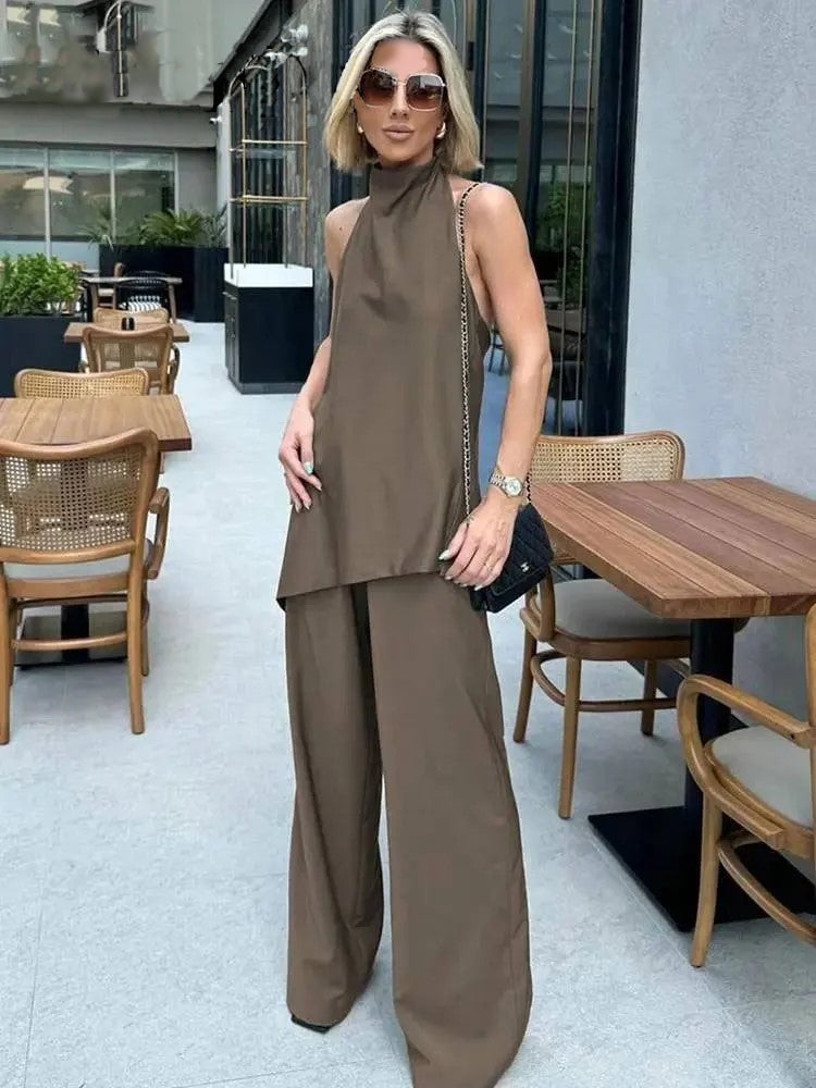 Conjunto de Calças Longas e Top sem Costas