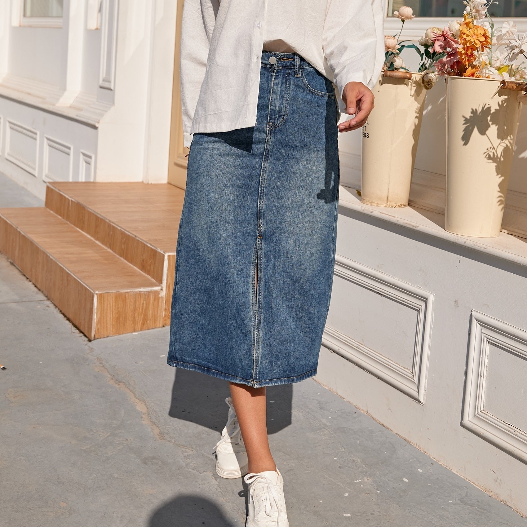 Saia Jeans de Cintura Alta Reta - Lindas & Cia Shop