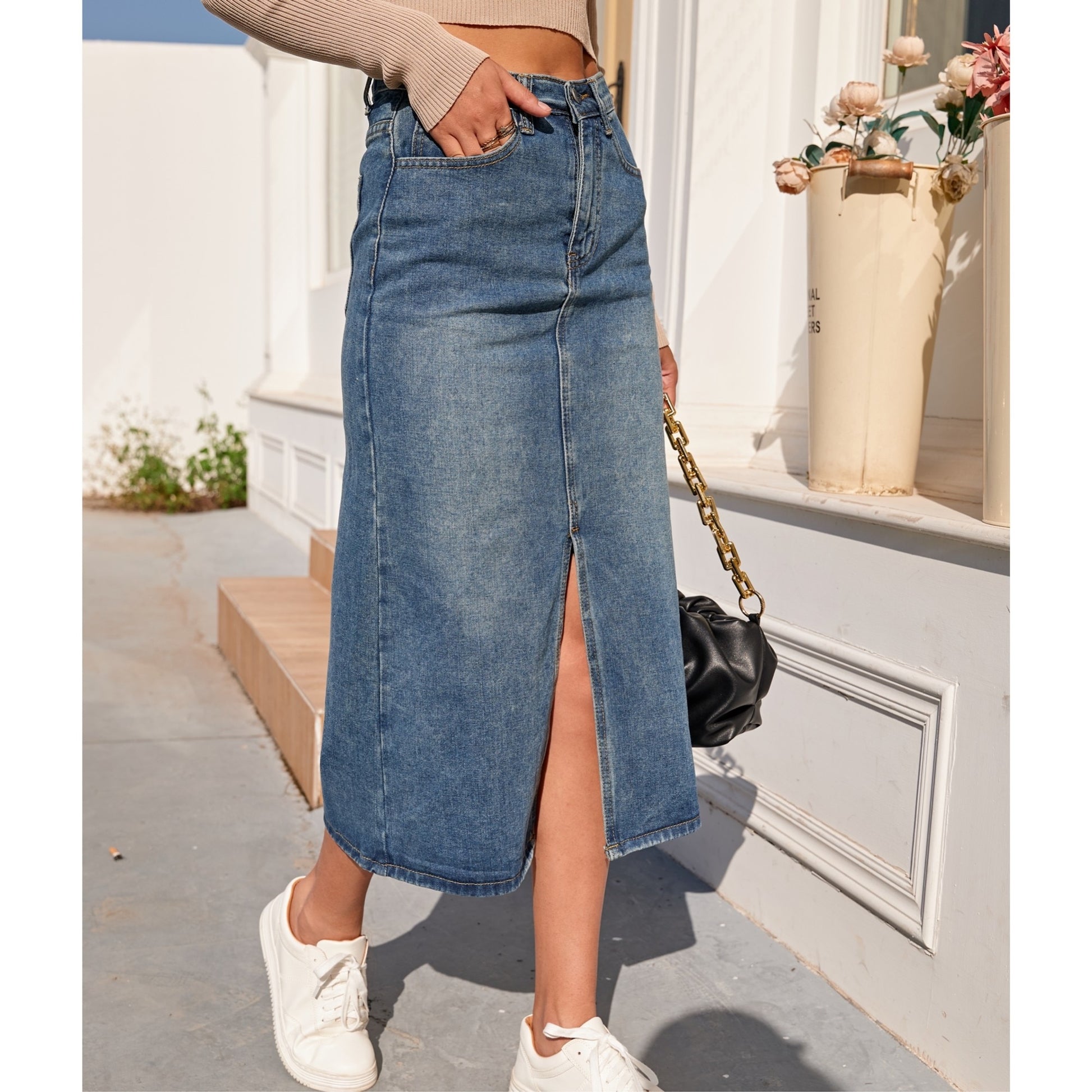 Saia Jeans de Cintura Alta Reta - Lindas & Cia Shop
