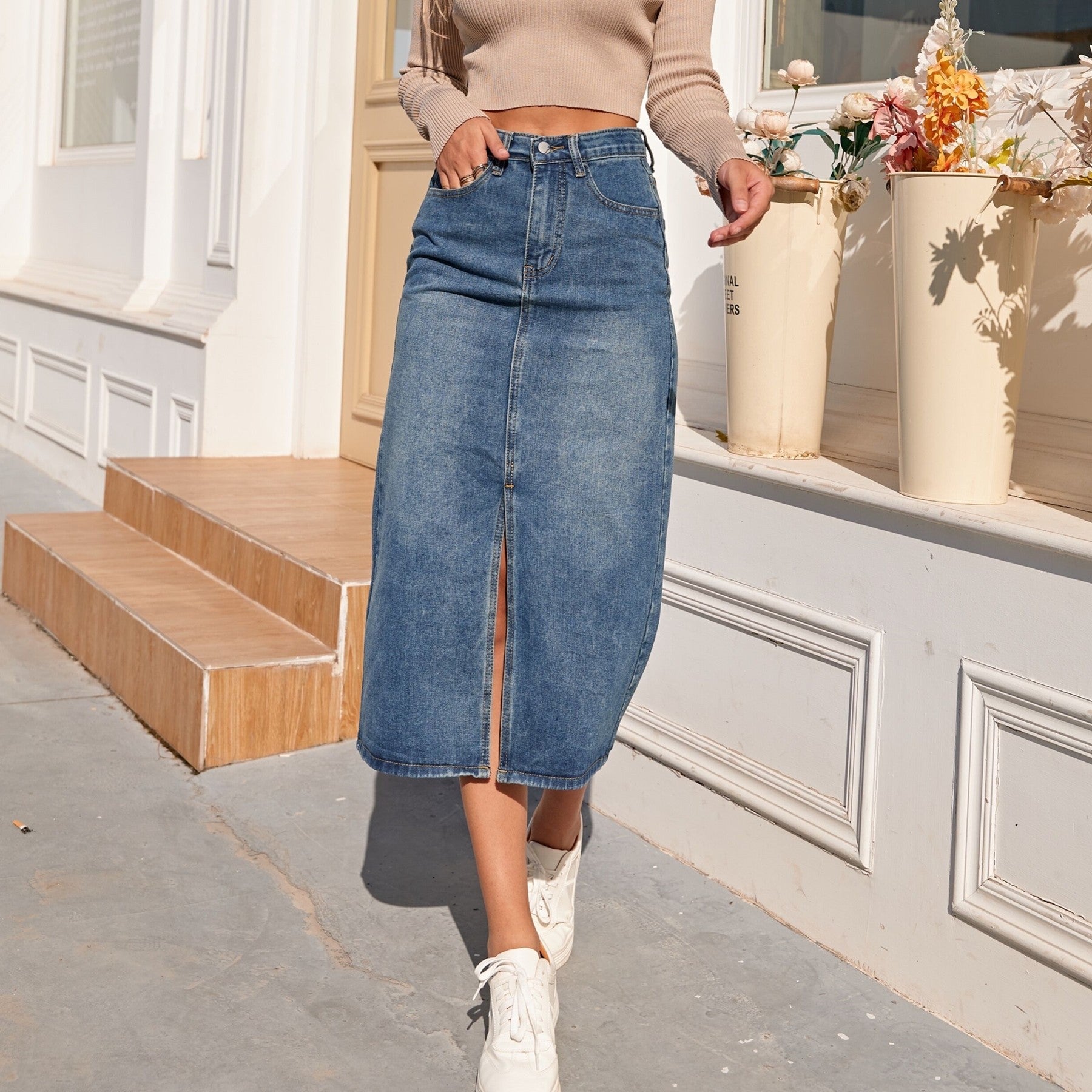 Saia Jeans de Cintura Alta Reta - Lindas & Cia Shop