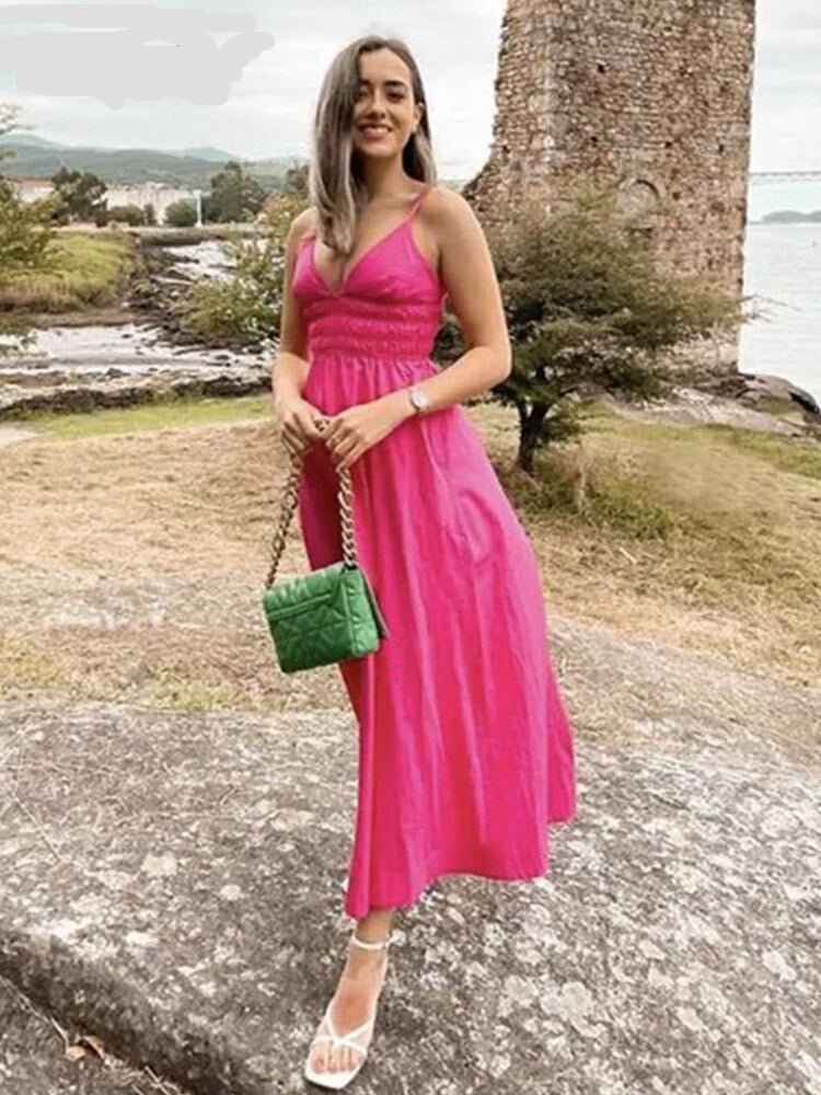 Vestido Longo de Alças em Algodão e Decote V. - Lindas & Cia Shop