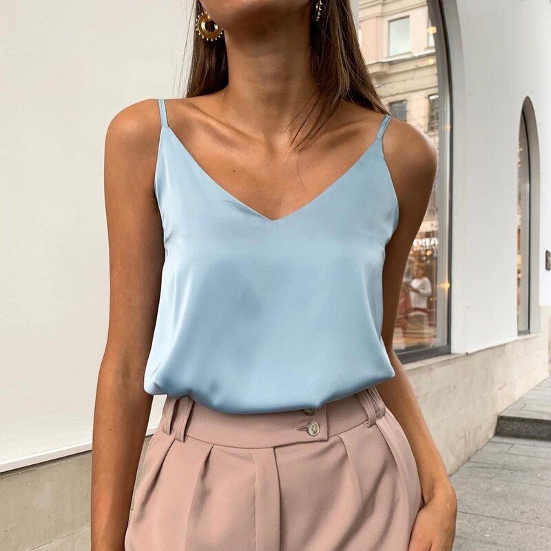 Women&#39;s Tanks Camis Satin Sleeveless Spaghetti Basic Women Summer Elegant V Neck Acetate Sling Vest Summer Silk Green Shirt Top - Lindas & Cia Shop