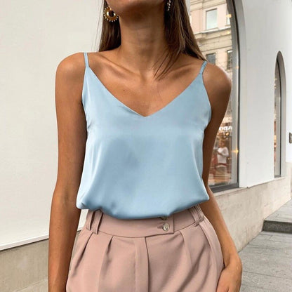 Women&#39;s Tanks Camis Satin Sleeveless Spaghetti Basic Women Summer Elegant V Neck Acetate Sling Vest Summer Silk Green Shirt Top - Lindas & Cia Shop