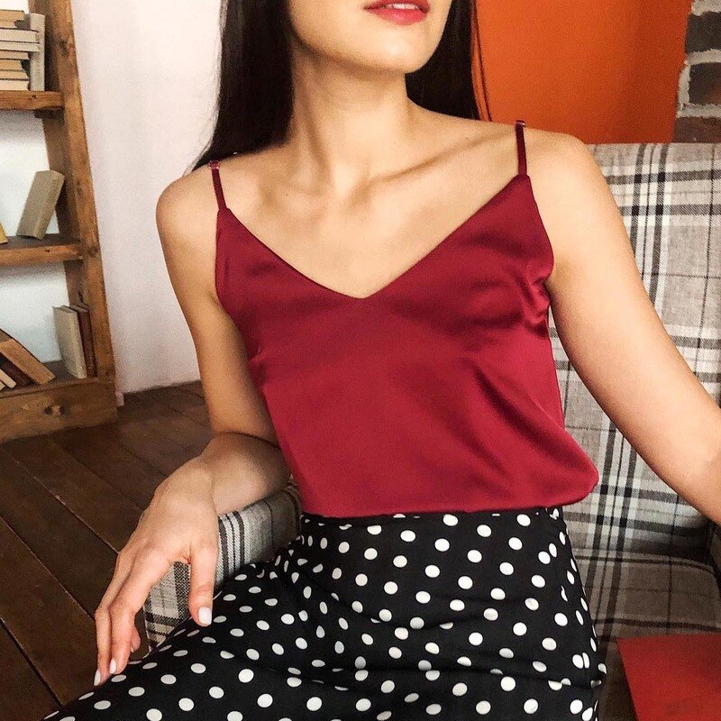 Women&#39;s Tanks Camis Satin Sleeveless Spaghetti Basic Women Summer Elegant V Neck Acetate Sling Vest Summer Silk Green Shirt Top - Lindas & Cia Shop