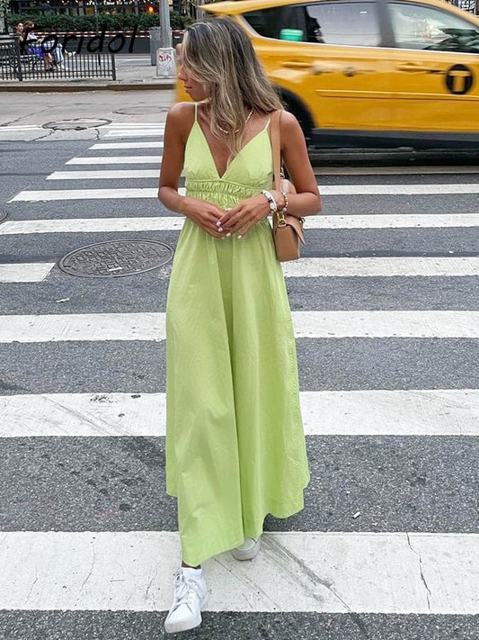 Vestido Longo de Alças em Algodão e Decote V. - Lindas & Cia Shop