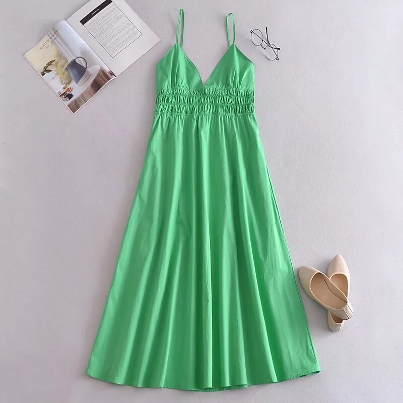 Vestido Longo de Alças em Algodão e Decote V. - Lindas & Cia Shop