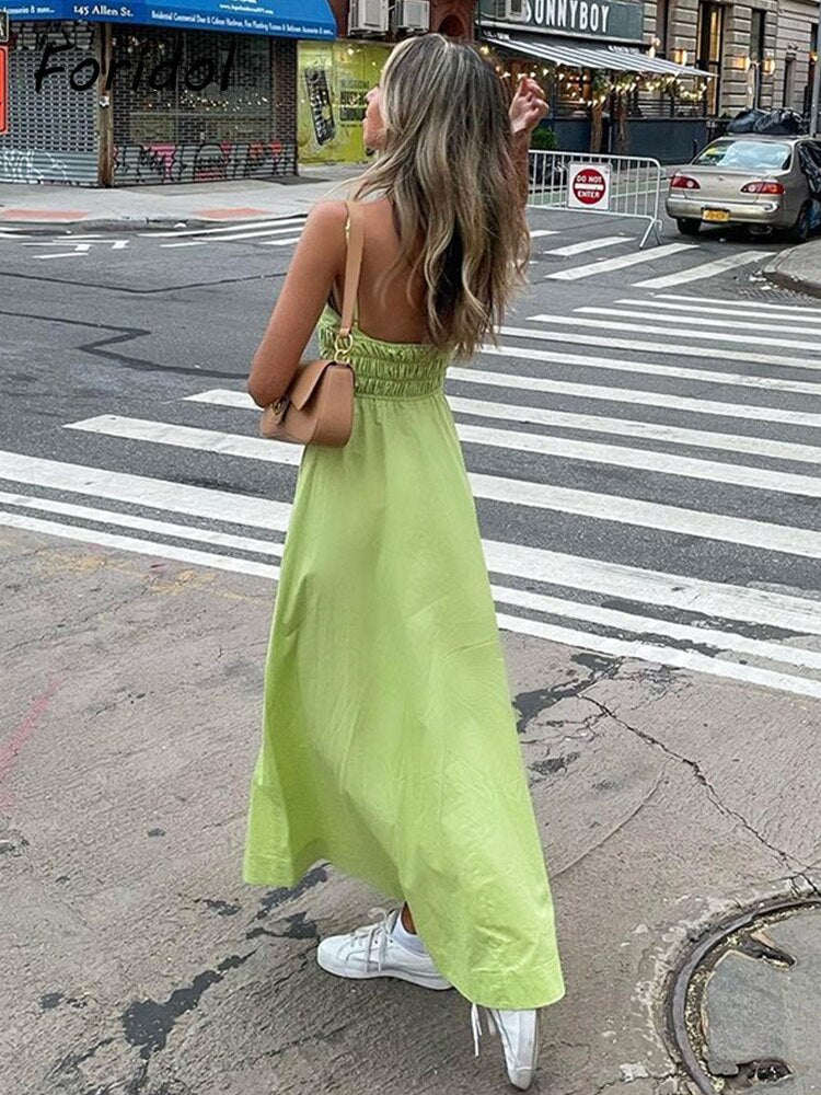 Vestido Longo de Alças em Algodão e Decote V. - Lindas & Cia Shop