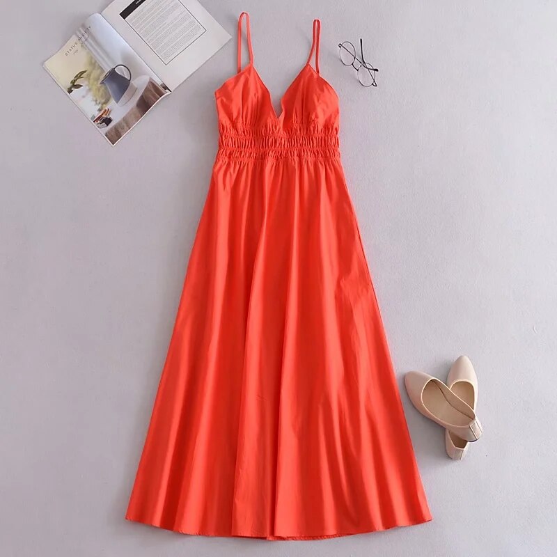 Vestido Longo de Alças em Algodão e Decote V. - Lindas & Cia Shop
