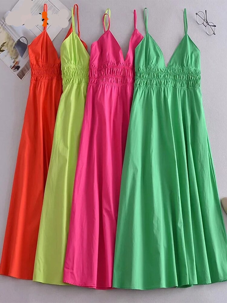 Vestido Longo de Alças em Algodão e Decote V. - Lindas & Cia Shop